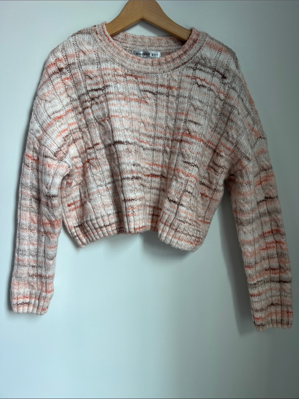 Madden Girl | Pink Brown Coral Cream Cropped Cable-Knit Sweater Size L